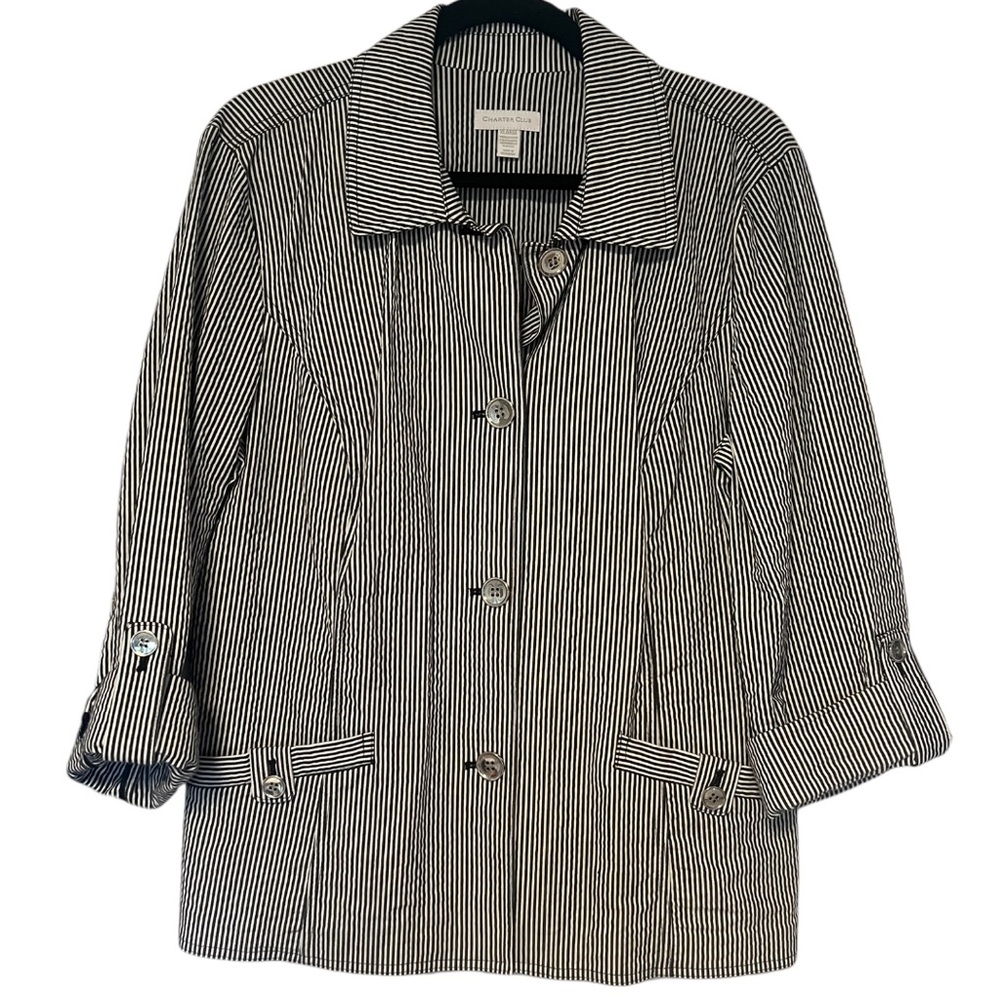Charter Club Women’s Crinkle Nautical Striped Button Up Lightweight Jacket szXL